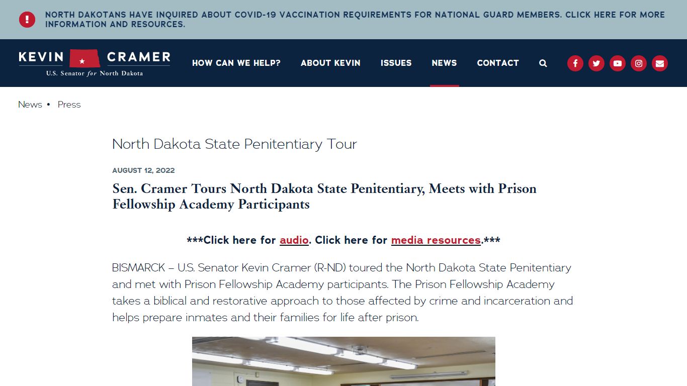 Sen. Cramer Tours North Dakota State Penitentiary, Meets with Prison ...